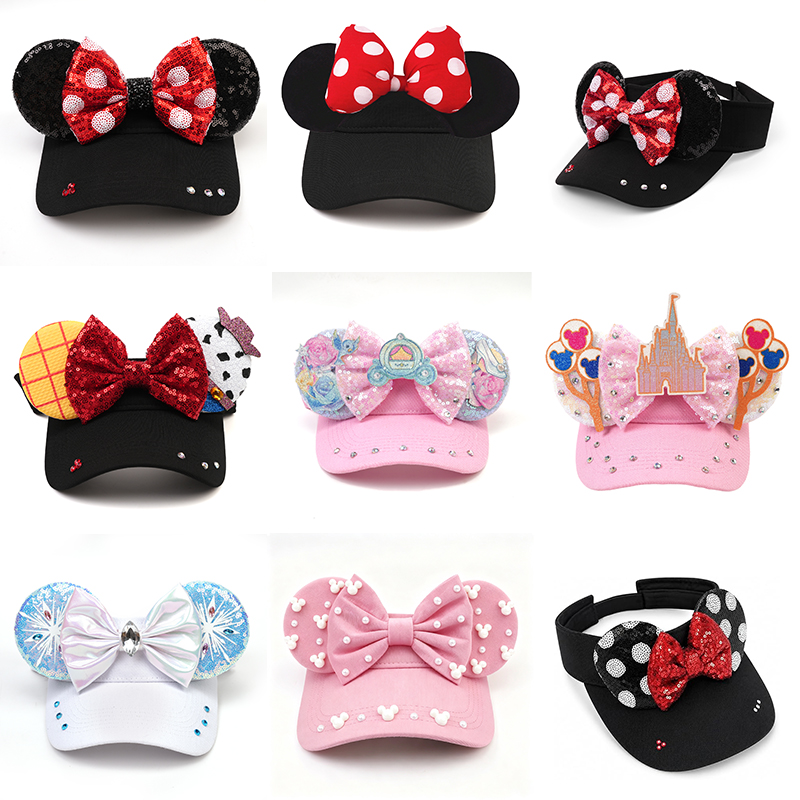 Visor Sun Hat - หมวกกันแดดแบบมีหูหนูประดับเลื่อมสำหรับผู้หญิง ปรับขนาดได้ พร้อมที่คาดผมโบว์หูหนู เหมาะสำหรับตกแต่งในสวนสนุก