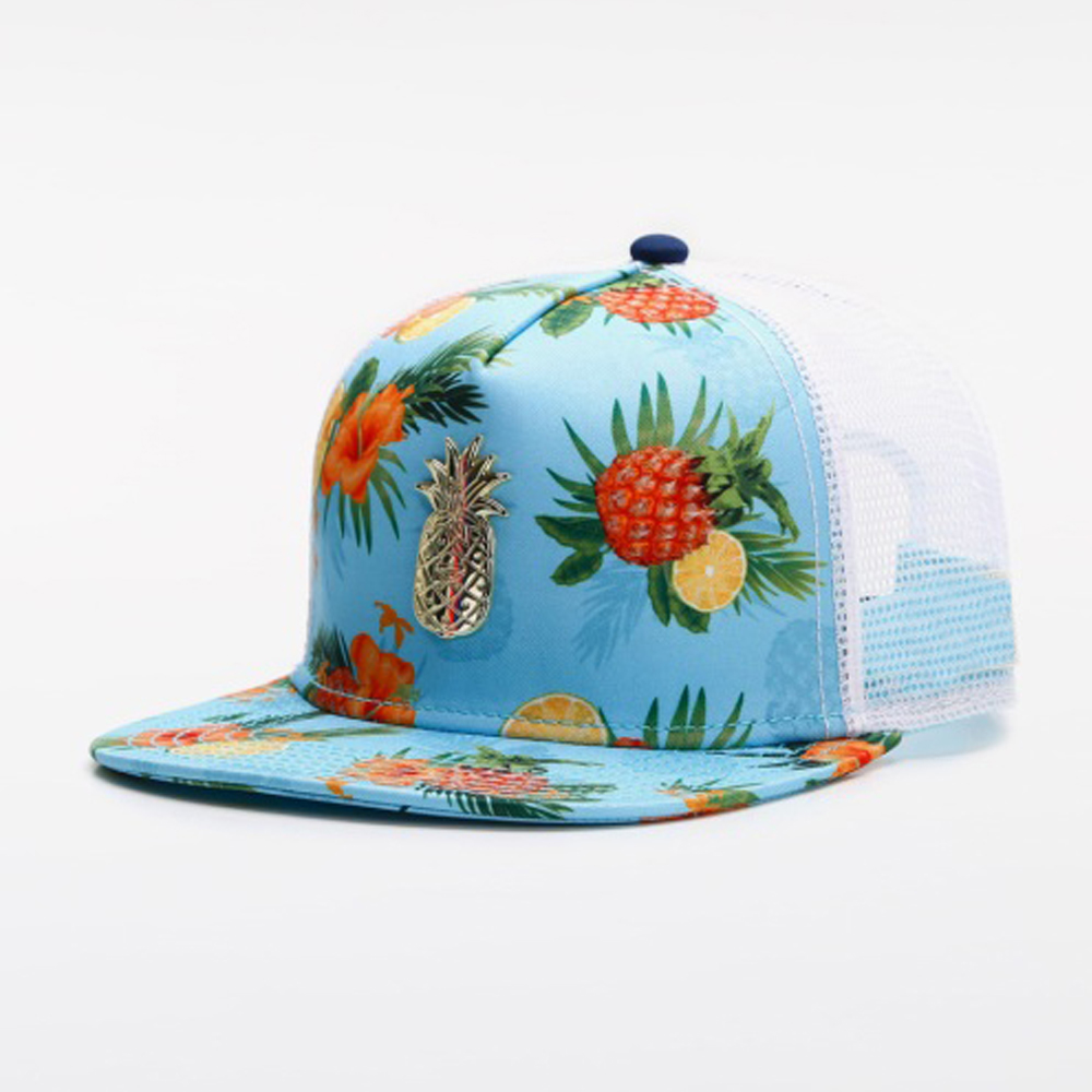 Trucker Cap Mesh - หมวกแฟชั่นอเนกประสงค์ลายผลไม้เขตร้อนและดอกไม้ หมวกทรัคเกอร์สำหรับผู้ชายและผู้หญิง หมวกตาข่ายแบบสแนปแบ็คสำหรับฤดูร้อน หมวกเบสบอลทรงแบนสไตล์ฮิปฮอป