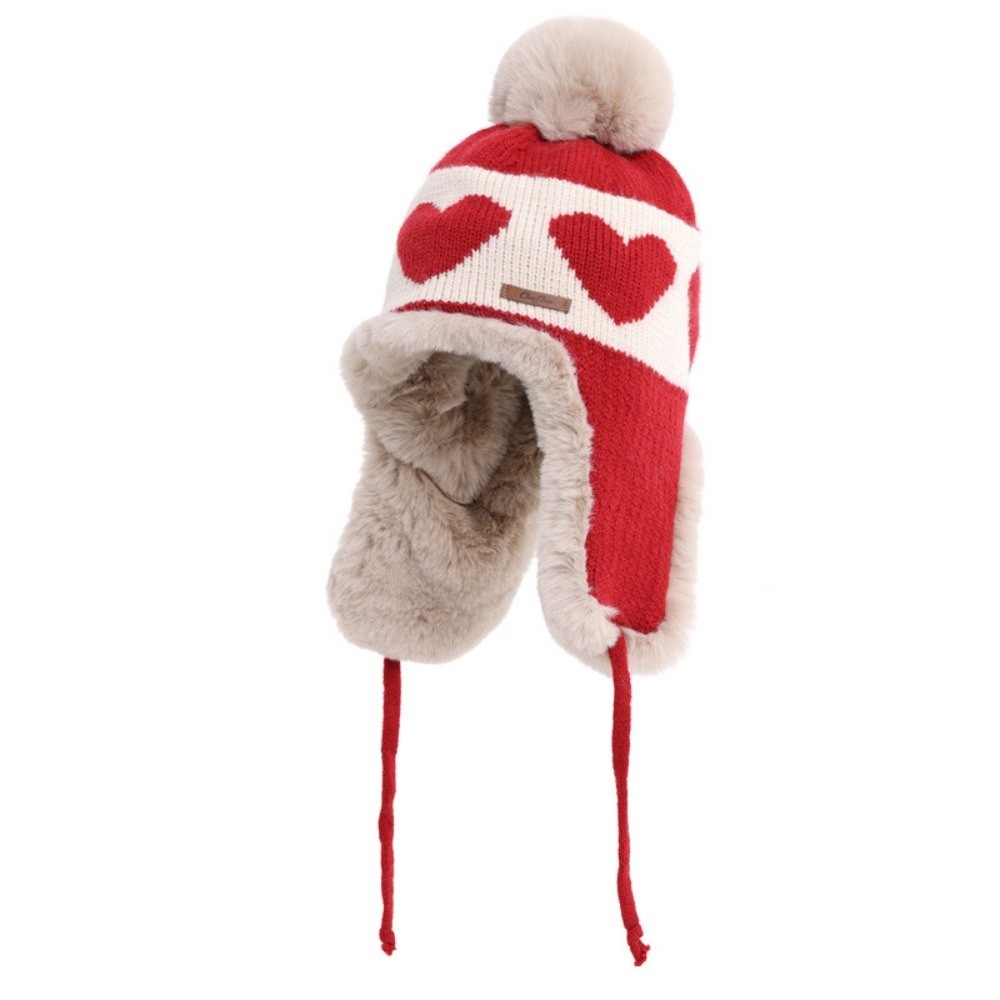 Trapper Hat Ear Flap - หมวกปิดหู ลายหัวใจ โพลีเอสเตอร์ มีปอมปอม กันหนาว ป้องกันหู