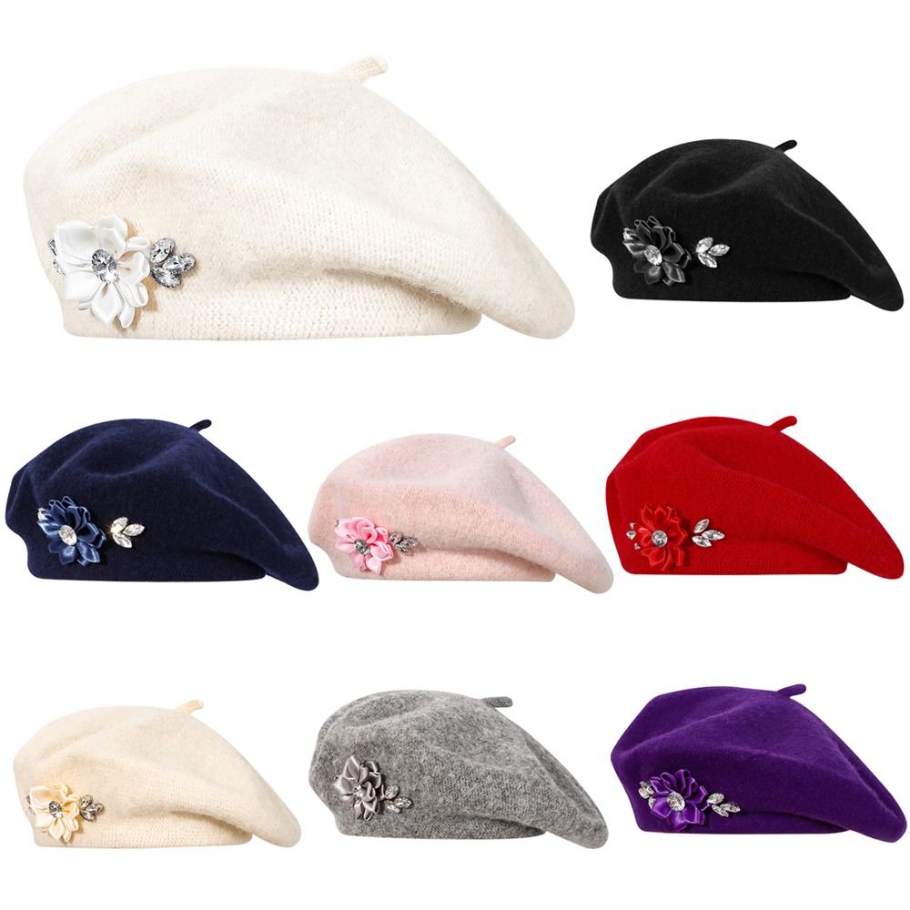 Beret French Wool - หมวกเบเร่ต์ถักนิตติ้งขนแกะนุ่ม ตกแต่งดอกไม้และคริสตัลสไตล์ฝรั่งเศส หมวกกันหนาวสำหรับกิจกรรมกลางแจ้ง หมวกเบเร่ต์สไตล์จิตรกร