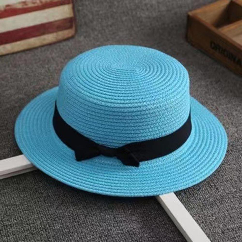 Sun Hat Wide Brim - หมวกสานมือ หมวกสานชายหาด ทรงแบน ปีกกว้าง ป้องกันแสงแดด พร้อมโบว์ริบบิ้นสีดำ