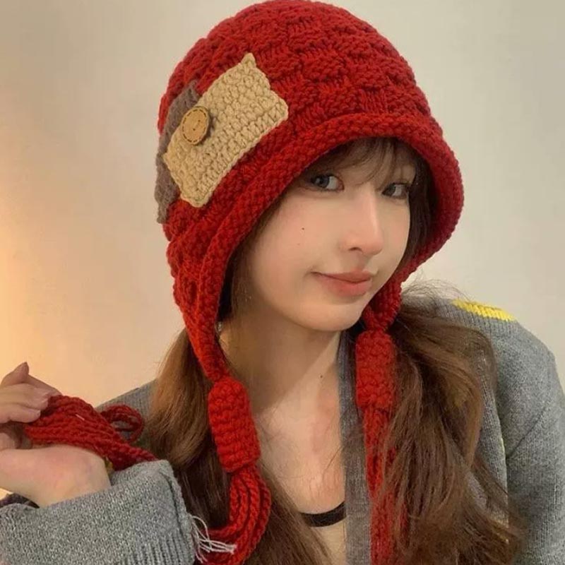 Winter Trapper Hat - หมวกบาลาคลาวาแบบมีที่ปิดหูสำหรับผู้หญิง หมวกไหมพรมกันหนาว หมวกบีนนี่แฟชั่นเกาหลี งานแฮนด์เมด ป้องกันหู หมวกคลุมศีรษะ